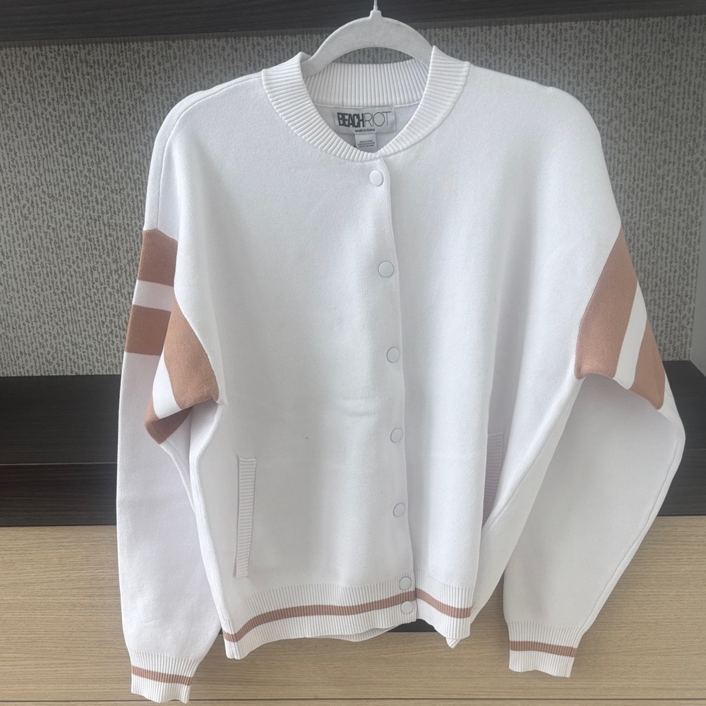 Beach Riot White and Tan Varsity Jacket
